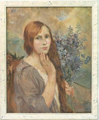 an image of a painting of a woman holding a bunch of flowers