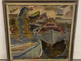 a painting of two boats in a painting on the wall
