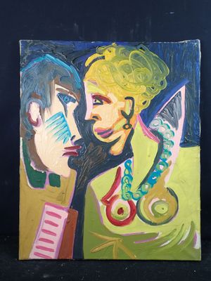 un tableau représentant une femme et un homme avec des ciseaux