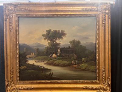 ROBERT - "Maison au pont et à la barque animée".