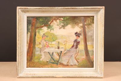 une image représentant un tableau où l'on voit une femme assise à une table dans un parc