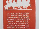 an image of a red and white poster with a picture of people riding horses
