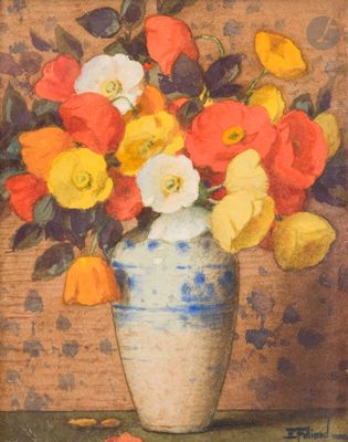 une peinture de fleurs dans un vase sur une table