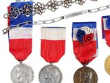 several medals are displayed on a silver chain with a red, white, and blue ribbon