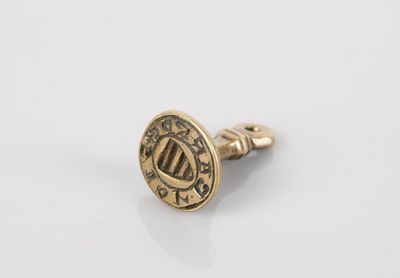 a close up of a gold cuff ring with a coat of arms on it