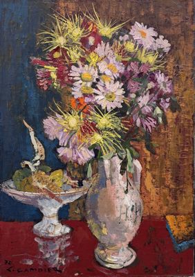 a painting of flowers in a vase and a plate on a table