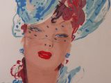 a painting of a woman wearing a blue hat and red lipstick