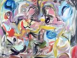 peinture abstraite représentant un groupe de personnes dans un ensemble de couleurs variées