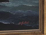 a painting of a boat in the middle of a large body of water