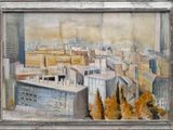 tableau représentant une vue de ville avec des bâtiments et des arbres au premier plan