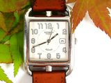 a close up of a wrist watch with a leaf in the background