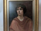 portrait of a woman in a red shawl by a gold frame