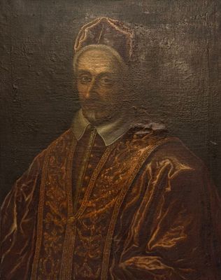 painting of a man in a brown robe and a red hat