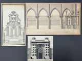 two drawings of a building and a clock on a wall