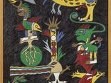 a painting of a group of animals and people on a black background