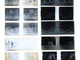 several black and white photographs of a person standing in front of a building
