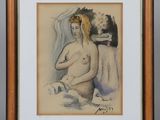 an image of a drawing of a nude woman sitting on a bed