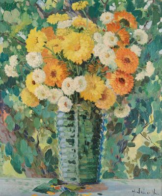 une peinture de fleurs dans un vase sur une table