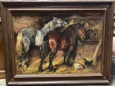 painting of three horses in a stable with chickens and chickens