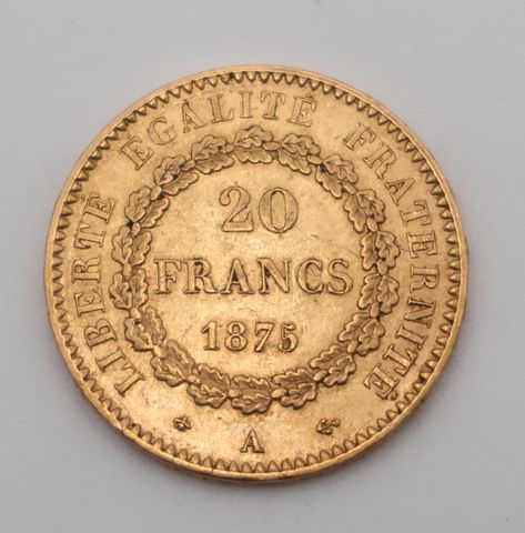 Pièce de monnaie en or à valeur faciale de vingt francs 1875. Fra...