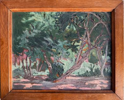 an oil painting of a painting of a forest scene in a wooden frame