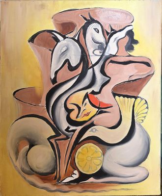 painting of a painting of a woman and a cat on a table