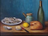 une peinture représentant des huîtres et du pain posés sur une table, à côté d'une bouteille de vin