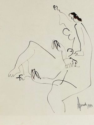 dessin représentant une femme assise sur les genoux d'un homme, une cigarette à la bouche