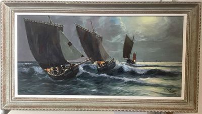 un tableau représentant deux bateaux naviguant sur l'océan