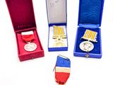 trois médailles et une médaille dans un écrin rouge posé sur un fond blanc