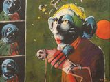 a picture of a painting of a man with many different faces