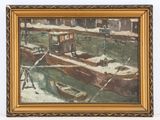 une peinture à l'huile représentant un bateau sur une rivière, avec un quai