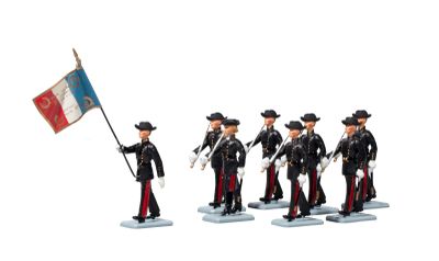 many figurines of men dressed in uniform and holding flags