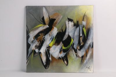 peinture abstraite représentant un essaim d'abeilles sur fond blanc