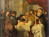 an image of a painting of a group of people gathered around a table