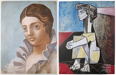 two paintings of a woman sitting on a chair and a man sitting on a chair