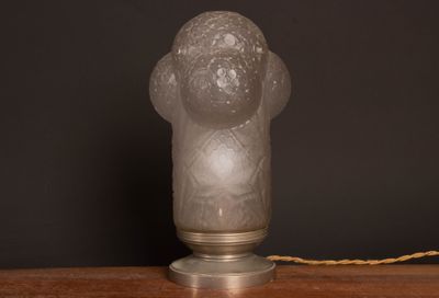 an image of a frosted glass lamp on a wooden table