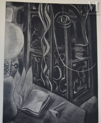 drawing of an open book sitting on top of a table next to a lamp