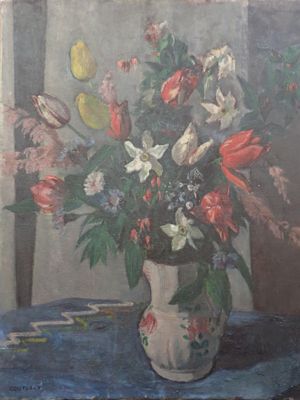 une peinture de fleurs dans un vase sur une table