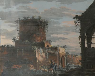 un tableau représentant un homme à cheval près d'un château