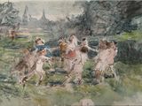 a painting of a group of people riding horses in a field