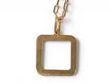 gold square pendant with a chain on a white background