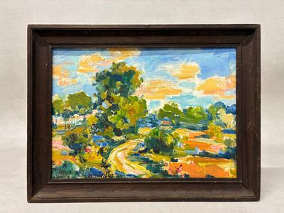 une peinture à l'huile représentant un paysage avec des arbres et un chemin de terre