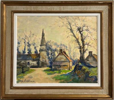 une peinture à l'huile représentant un village avec une église à l'arrière-plan