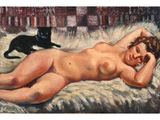 painting of a naked woman laying on a bed with a black cat in the background