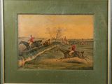 an image of a painting of a horse and rider jumping over a hill