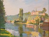 tableau représentant un tableau représentant une rivière avec un château en arrière-plan