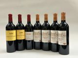 six bottles of red wine lined up in a row