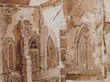 drawing of a church with a horse drawn carriage in front of it