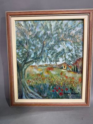 tableau représentant un arbre dans un champ, avec une maison en arrière-plan